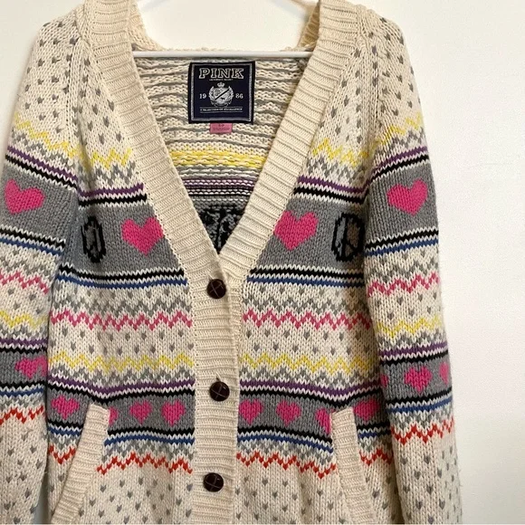 VS PINK peace, love and pink fair isle hoodie heavy knit cardigan sweater - Picture 13 of 14